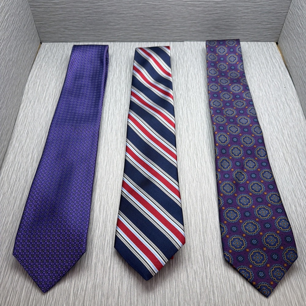 Cremieux Silk Ties Lot of 3 Handmade Extra Long Purple Stripe Medallion